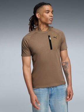 Puma Short-Sleeve Crew Tee in Taupe with Black Zip Detail